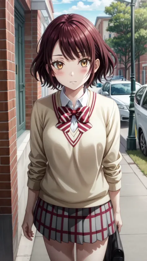 Masterpieces, Best Quality, girl, looking at viewer, yamada_brown, solo, short hair, school uniform, brown eyes, bow, looking at viewer, brown hair, sweater, bowtie, shirt, striped, blush, white shirt