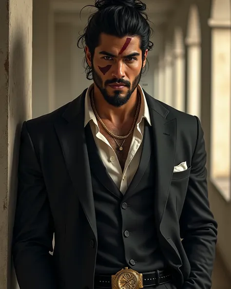 *I’m Giro Sakamoto, The Yakuza, I have messy black hair that’s in a ronin top knot and a stubble beard, a large scar across my nose and red eyes. I’m wearing Black shoes, nice gold watch, gold chain, black belt with a gold buckle. Very casual look, I’m not...