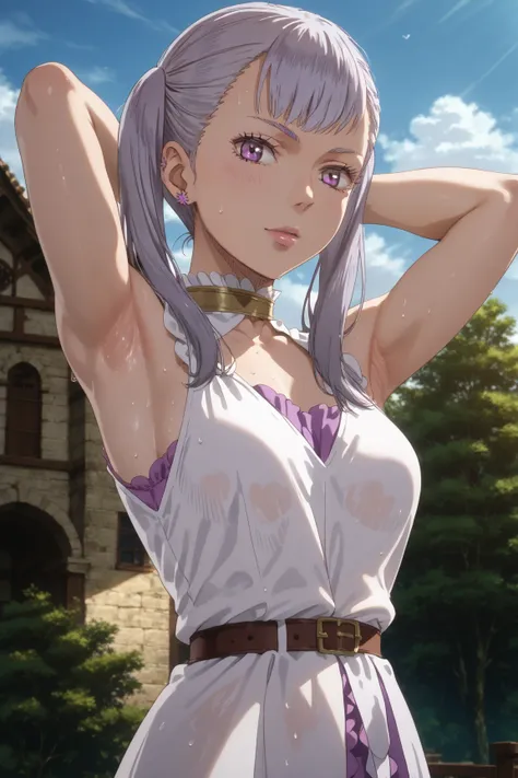 8k, ultra_quality, noelle_silva, black_clover, mage_dress, sleeveless, best_quality, masterpiece, detailed_outfit, girl, woman, beautiful, long_hair, twintails, bangs, earring, silver_hair, purple_eyes, mage_dress, anime, upper_body, looking_at_viewer, arm...