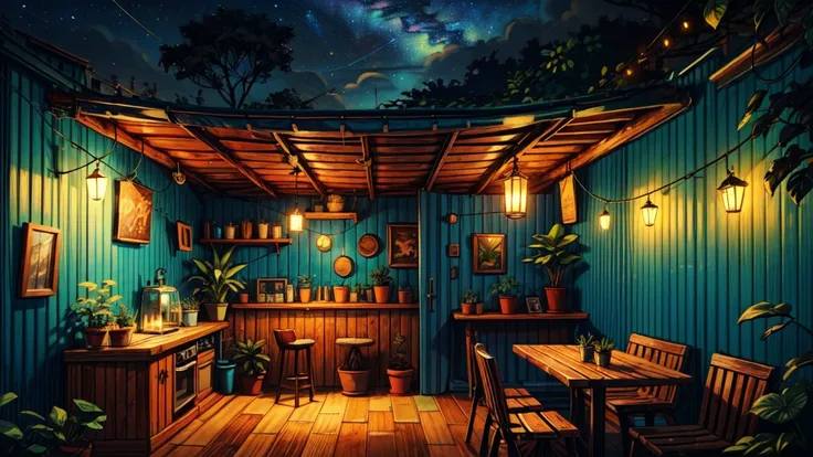 A broad perspective,   beautiful interior of a cozy cafe,  wooden log furniture ,  orange string lights ,  leafy tropical plant pots , Gypsy Aesthetics , Blue Wall, Shades of the Earth , Decoration,   cozy atmosphere  , night,   starry sky seen from the sk...