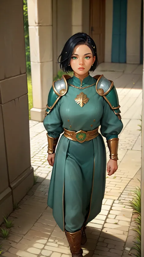  woman, green-eyed,  short black hair,  using a warrior's shoulder pad,  Overhead Shot (Total dive)walking with a view of the castle