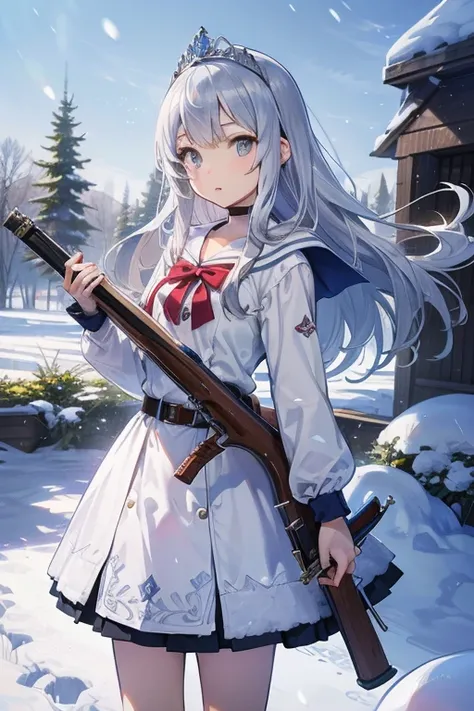  top quality,   ultra high resolution, anime style、((Middle school girl ))、 holds a musket,Long silver hair, grey eyes、snow white、 tiara 、