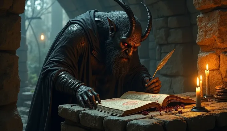 Inside a dimly lit medieval stone chamber, a terrified monk sits hunched over a massive, ancient book, nearly 70 cm tall, its pages filled with intricate demonic symbols. Beside him, a towering, horned figure with dark leathery skin and glowing red eyes le...