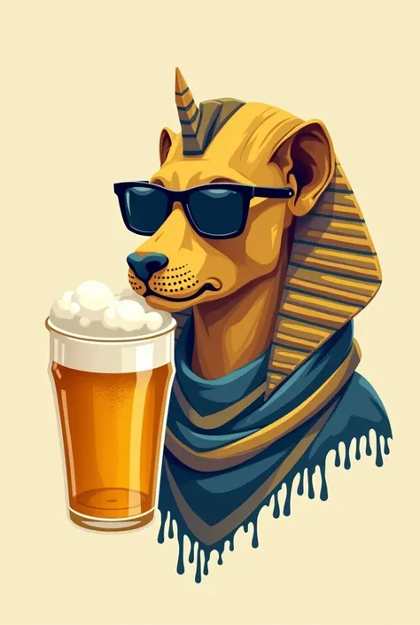 Digital minimalist art logo style quarters view sphinx wearing sunglasses, golden and blue scarf drinking beer on a large plastic transparent cup face closeup