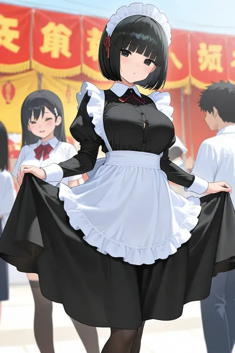 a high school girl, busty, black hair, bob cut, maid costume, cultural festival,