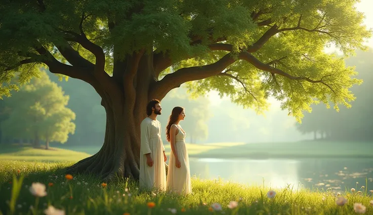 Generate a photo of Adam and Eve wearing white garments, that they are under a beautiful tree and that the environment attracts people 