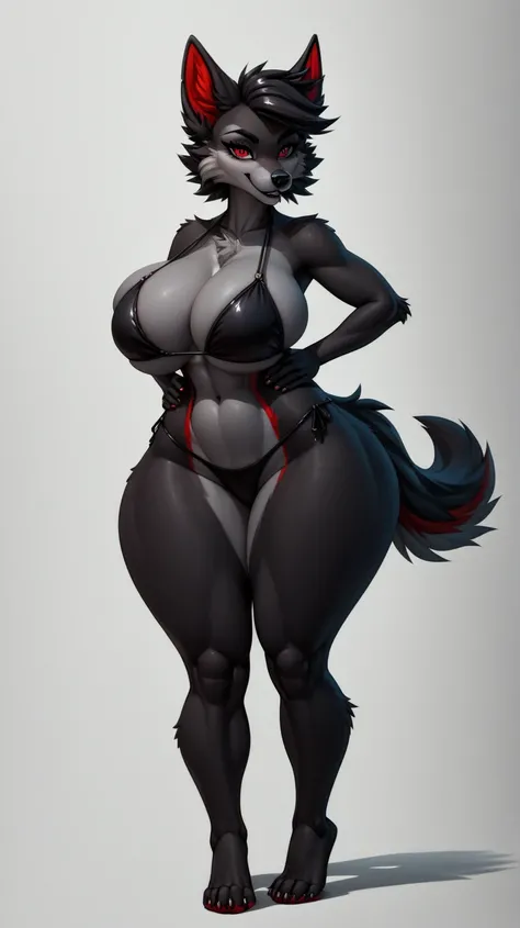    One, zoe, (( high quality)), black body red fur, ( anthro) wolf,  Red eyes , wear Black Bikini , barefoot,  standing,  hands on hips,  white background, flat colors, by fumiko, from hyattlen,  front view,  close ,  portrait,  ( 30 years old ),        hu...