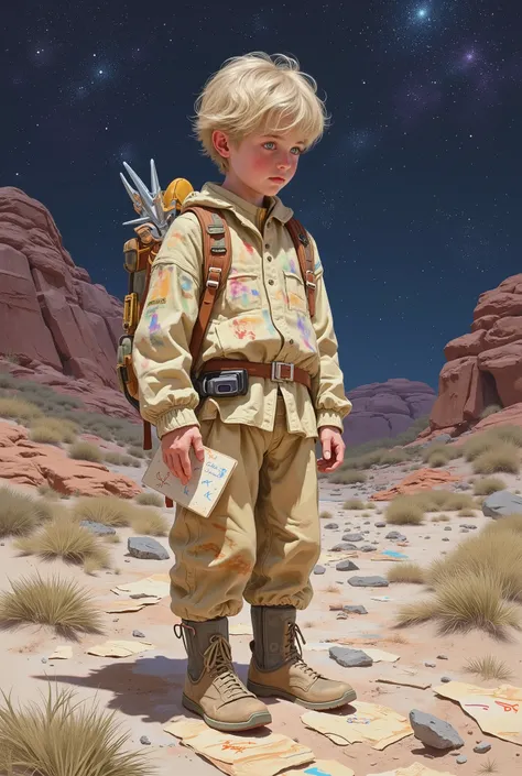 A boy, messy blond hair , Looking closely as if he were deciphering the mysteries of the universe,
, simple clothes with subtle details of cultures and symbols studied in his readings., He wears sturdy boots , suitable for unexplored terrain ,
He car...