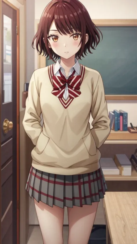 Masterpieces, Best Quality, girl, looking at viewer, yamada_brown, solo, short hair, school uniform, brown eyes, bow, looking at viewer, brown hair, sweater, bowtie, shirt, striped, blush, white shirt