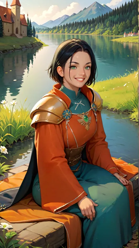  woman, green-eyed,  short black hair,  using a warrior's shoulder pad, smiling sitting on the edge of a lake with a view of a castle