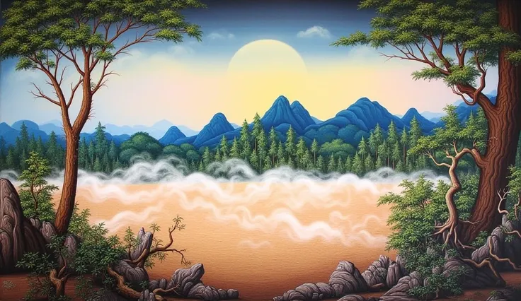 Mural Thai painting. Art. an empty land filled with swirling dust, has dense forest and mountains as a background. scary atmosphere.