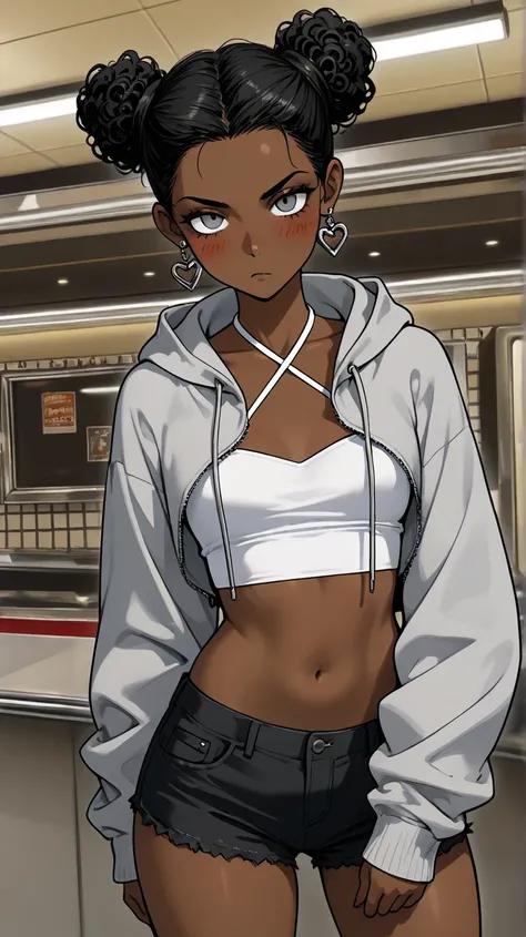 1Girl, Mature, Ebony, African American, Dark Skin, Small Curly Buns, Jet Black Curly Buns, Ash Grey Eyes, Medium Chest, White Halter Crop-Top, White Cropped High-Cut Hoodie, Black Short Shorts, Jewelry, Heart Earrings, Looking At Viewer, Bored, Serious, Bl...