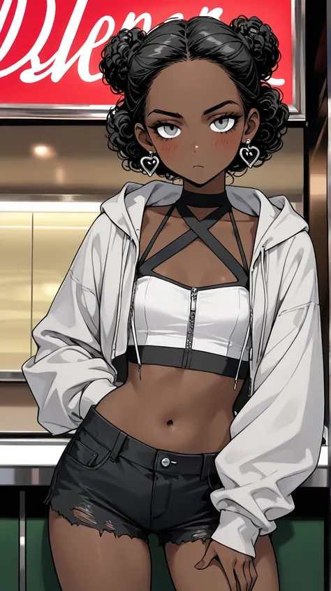 1Girl, Mature, Ebony, African American, Dark Skin, Small Curly Buns, Jet Black Curly Buns, Ash Grey Eyes, Medium Chest, White Halter Crop-Top, White Cropped High-Cut Hoodie, Black Short Shorts, Jewelry, Heart Earrings, Looking At Viewer, Bored, Serious, Bl...