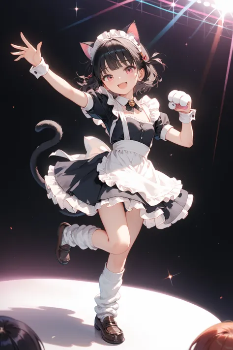 Score_9,Score_8_up,Score_7_up,highest quality anime,,masterpiece,1 girl,slim,small breasts,(Ideal slender proportions),(black_long_hair,straight_bangs,maid costume,loose socks,cat ears,cat tail,cat hands,loafers),(dancing,at disco:1.4),fun,happy