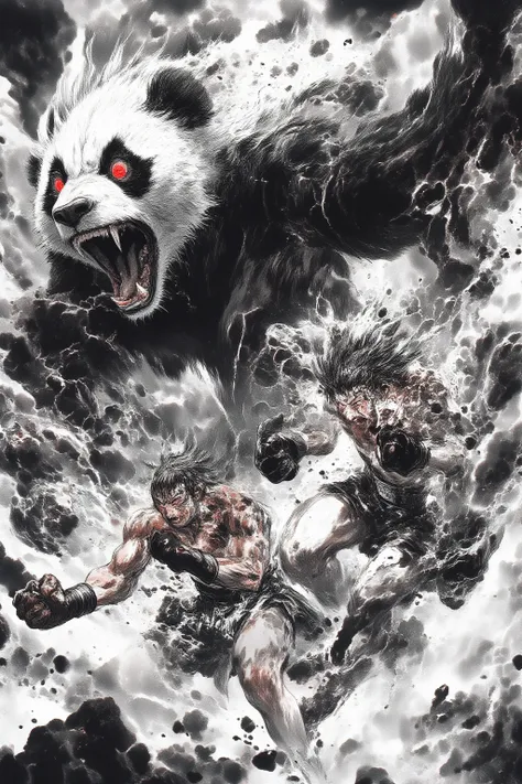 Masterpiece, top quality, retina, black and white art, Noriyoshi Oorai style, (2man, fighting, punching, roaring), (1 man Muay Thai Warrior, hair standing on end, bangs, cloud style), (huge panda beastman, Wearing trunks, martial artist, very thick muscula...