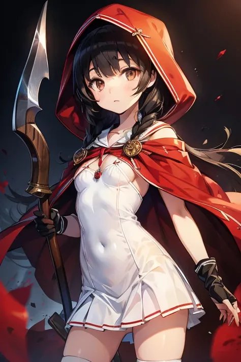  top quality,   ultra high resolution, anime style,((Middle school girl )),( small tits),I have a battle axe in my hand、 semi-long black hair, brown eyes, Little Red Riding Hood,white and red costume