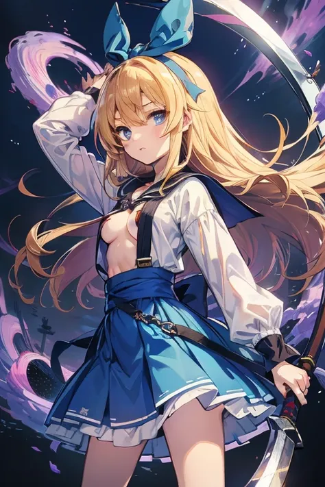  top quality,   ultra high resolution, anime style、((Middle school girl )),He has a large Shinigami scythe in his hand、( small tits), Long Golden Hair, blue eyes, Alice in Wonderland、 blue headband