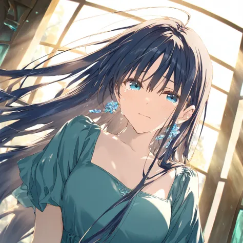 1girl, beautiful, Deep sea, dark blue hair,Very long hair, long hair, cyan eyes, Mint dress, blue earrings, breasts, black dress, in deep sea, crying, wind,fantasy, game CG, break,(artist:mitsumi_misato),artist:fujiyama,artist:kokonoka, break,(masterpiece)...