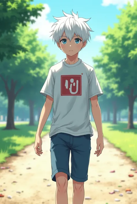 walking in the park,  anime style,  white hair,  through the white ,  well-done lighting ,  blue eyes, boy, coelho kemono furry, Walking around ,  mental band shirt,   detailed, realistic, anime manga, film,  neutral expression , anime manga