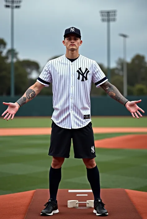  young, autralian, man, 20 years, elegant, attractive, athletic. He is wearing a baseball shirt (Yankees). Black short , he stands in the center of a baseball diamond, arms wide open, in a pose of defiance. Hands tattoos 
