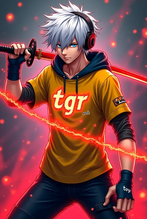 anime logo,  male, white hair wearing headphones, holding a katana with a red aura effect, wearing a yellow esports shirt, on the shirt there is the word “TGR YUNIK” with flames burning,