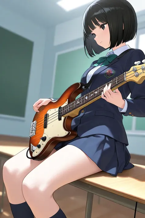 a high school girl, busty, black hair, bob cut, school uniform, playing bass  guitar , sitting