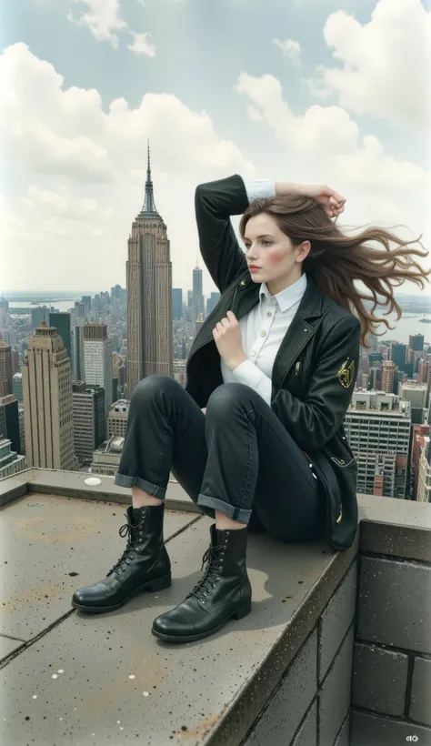    a woman sitting on a ledge with her feet up and a building in the background,   hair flying in the wind   ,    A photograph of Emma Andijewska   ,  In Trend In Pexels    , Photorealism  ,    a girl sitting on a roof   ,     standing on the roof    ,    ...