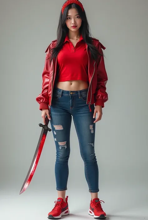 8K HD high quality image. Full Body Photo. Standing in her full height from head to toe. Make a video game character. Beautiful Chinese woman. Abs are cracked. Huge butt. Big thighs. Sexy body. Red tight polo shirt. Blue super tight jeans design with red e...