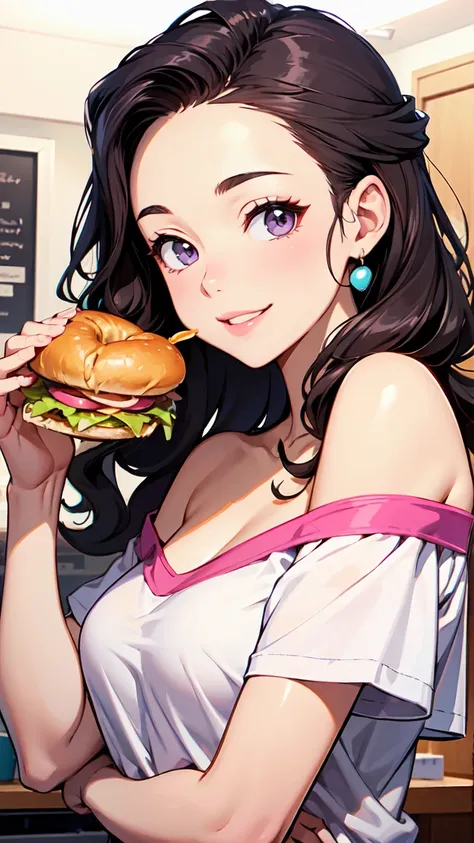  smiles,  anatomically correct,  high detail on the upper body,  High Definition Model ,  very detailed,  super high heels,  High Definition Model , 

 purple big curls Long hair、 hairstyle showing forehead 、smile。Eating a bagel sandwich 。 off-the-shoulder...