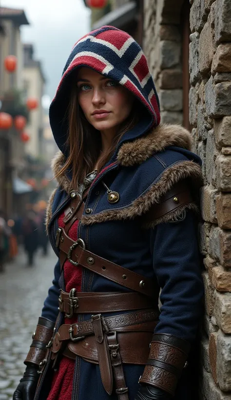 
"A beautiful and fierce 13th-century Norwegian assassin, aged 20, with a strong and athletic physique, built for agility and precision. Her piercing blue eyes scan the bustling marketplace from behind an old stone wall, her posture relaxed yet ready to st...