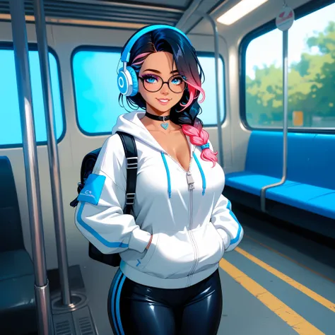 posing standing, looking at the viewer with a passionate look, passionate smile, large lush breasts, (blue neon headphones), 1 girl, (single braid, colored hair, dark hair, blue braid with pink curls), black leather choker, (white zip-up hoodie), round-fra...
