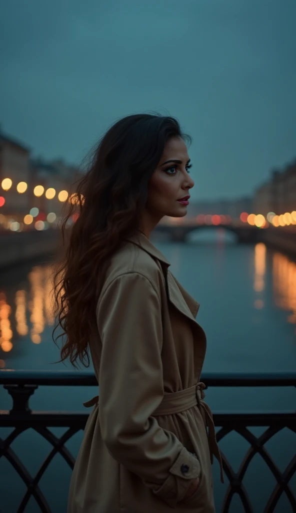 A beautiful young woman with long, wavy hair stands alone on a quiet bridge at night. She wears a stylish beige trench coat, her expression melancholic as she gazes at the distant city lights reflecting on the river below. The cool breeze gently moves her ...