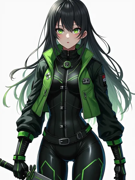  A girl (appearance: Long black hair mixed with white,  green eyes, pale skin, Athletic, 1,76 m) ( Outfit: Black and green cybernetic combat suit, technological sword in the right hand, leather jacket) (vista de cuerpo completo)  digital art, Anime 4k,  Pr...