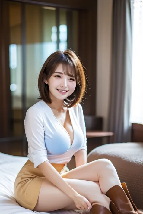 (( top quality)),(( Max Image Quality)),(( masterpiece)), professional lighting､ 1 Japanese woman ,18 years old,( pixie cut hair)､( short cut hair)､ cute face､((full body shot))､Sitting with thighs open､ look at the camera､ has a big smile､ sparkling eyes ...