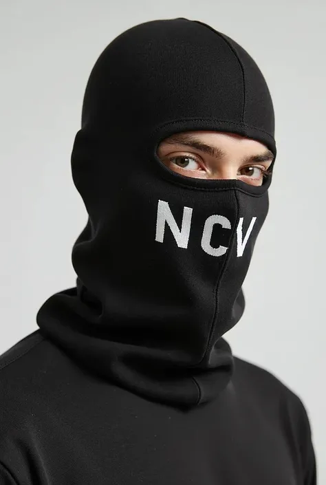 Balaclava material looks jenia 60% cotton 40 % polyester, and the letters NCV are applied to the balaclava. Half-body image from the front