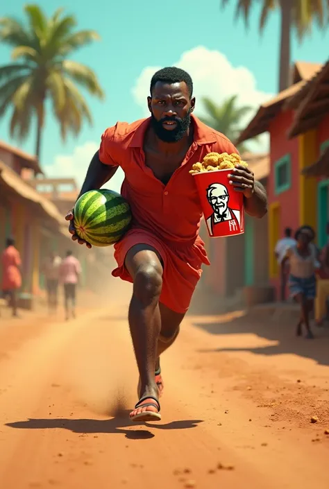 African guy running with watermelon and kfc