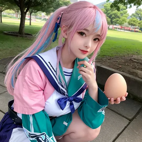 Japan like an idol 、　　(Park with an ocean view)　　、woman東京コレクション ,((１ woman)), (  twin ponytails  ),(Attach the blue ribbon to your hair)　　 Round face ,((   bust up 、 fluorescent sailor suit  ,  blushes、  as shown in the picture  ,      high school 、 Large ...