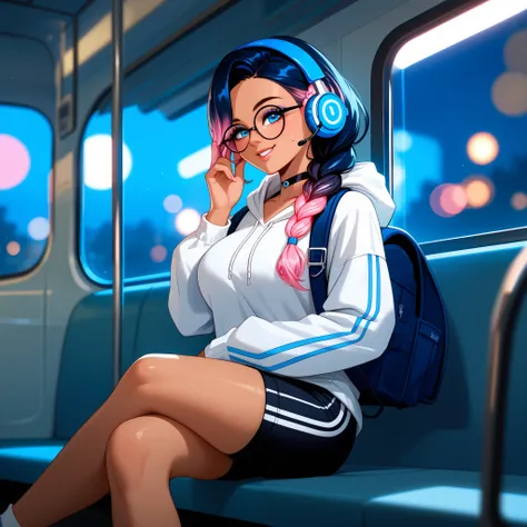posing sitting, legs crossed, looking over glasses, adjusting glasses, hand on chest, looking at viewer with passionate gaze, passionate smile, large lush breasts, (blue neon headphones), 1 girl, (single braid, colored hair, dark hair, blue braid with pink...