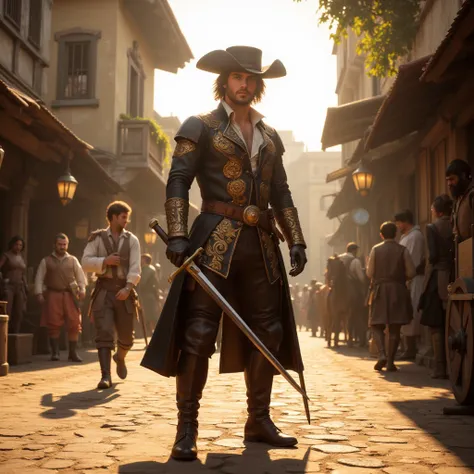 a young handsome musketeer 18th Century attire stands in the street of a bustling village with other villagers busy at work, daylight