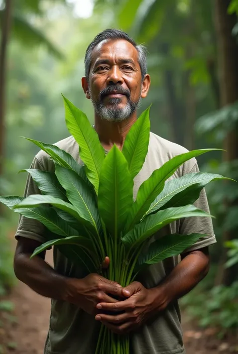 A man holding a mango leaves 