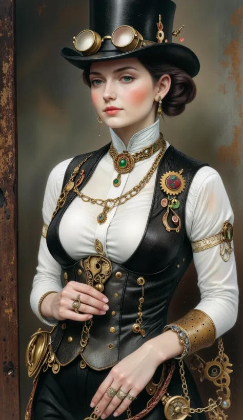 gorgeous mature woman in full body steampunk outfit, intricate gears, brass, bronze, aged mechanical details, top hat, goggles, corsets, leather, advanced technologies, gritty, moody, cinematic lighting, photorealistic, 8K, masterpiece