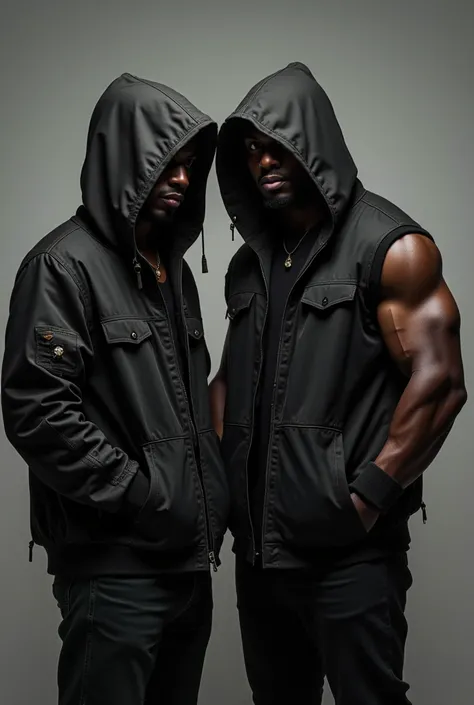 can you generate an image of two black guys, one has several layers of jacket and keeps his eyes hidden under his hoodie, while the other is bigger with big muscles, wearing a hoodie that covers his eyes but his jacket's sleeves are torn, showing off his m...