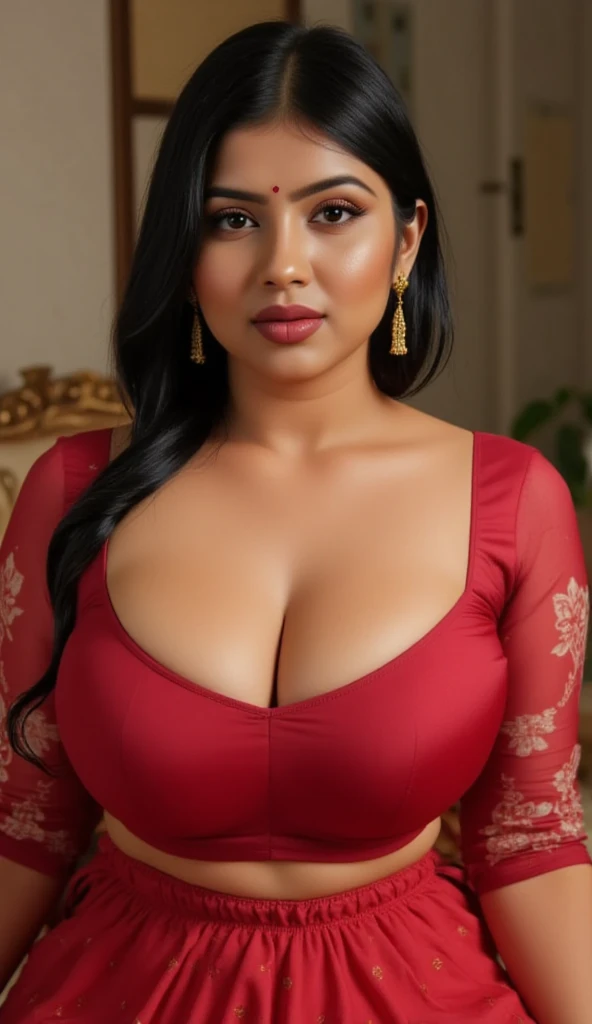  indian chubby woman is wearing a full red long skirt, bedroom , red satin  front closer blouse,big Deep cleavage,big sexy chest,big boobs,detailed body and face, big bright eyes, charming, sexy, perfect anatomy, braid very long silky smooth oily detailed ...