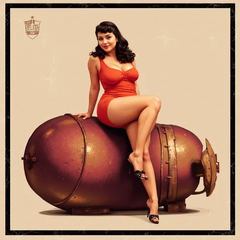 Pinup poster of voluptuous brunette woman sitting on top of bomb