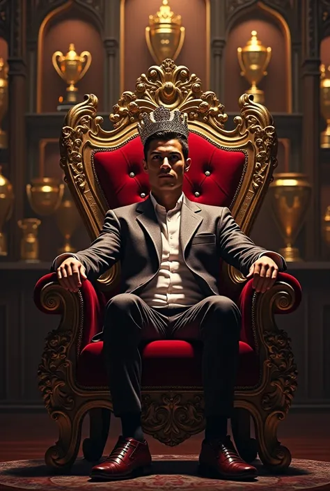 Cristiano Ronaldo is sitting like a king in a kings chair and wearing a kings crown.His all trophy are welly decorated in the background wall or showcase