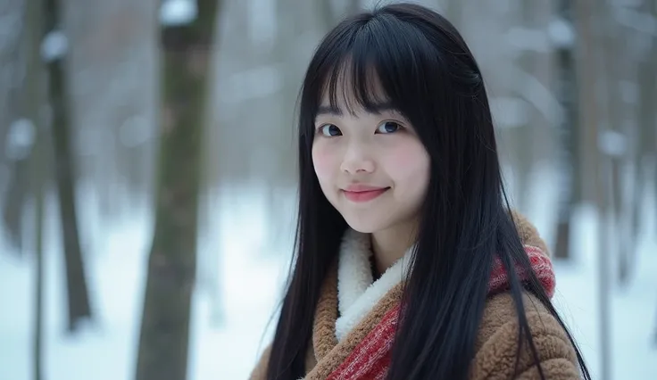  High quality. A real Japanese girl with 18 years old with beyond floor length black hair and see her "whole" body wearing thick lambswool traditional Wafuku standing nearby hot springs inside the forest, must see her whole body. The scenario of forest sho...