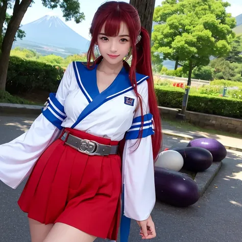 Japan like an idol 、　　(A park with a view of Mt. Fuji)　　、woman東京コレクション ,((１ woman)), (  twin ponytails  ),(Attach the blue ribbon to your hair)　　 Round face ,((   bust up 、 fluorescent fur-sleeve sailor suit  ,  blushes、  as shown in the picture  ,      hi...