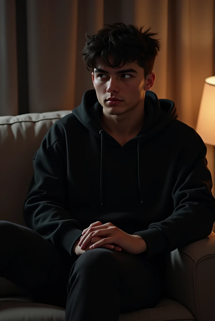 A boy name is Smith and he is 25 year old and he wear a black hoodie and sit on the sofa 