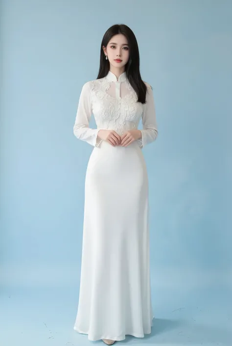   white Vietnamese style long dress on a simple light blue background, She is a National ID   ,   professional close-up photo of a beautiful Asian woman in a 、Full body visible