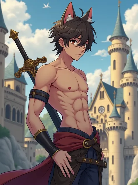  boy shirtless. lean and athletic. He is a cat boy with dark brown hair with cat ears and cat eyes. He is a lefty and a royal guard. He has a sword on his back that would be drawn into his left hand. Background being a fantasy castle. In an anime art style